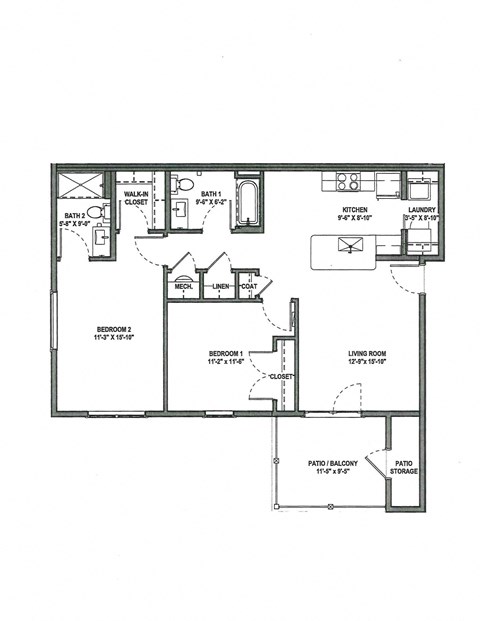 Floor plan for 2 beds, 2 baths, 986 sqft